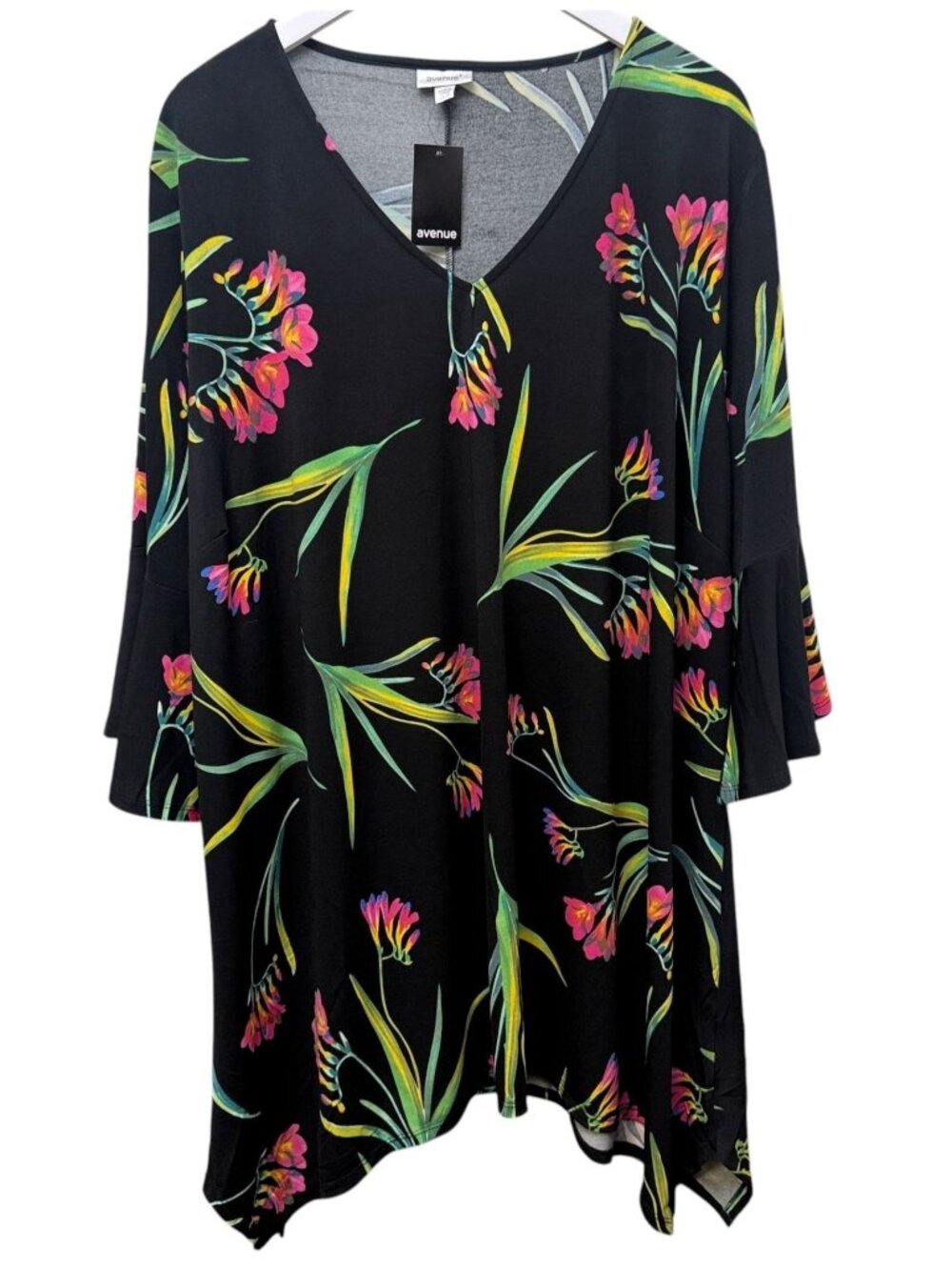 AVENUE Tunic Top Plus Size 26/28 Stretch Black Tropical Floral Bell Sleeve NWT